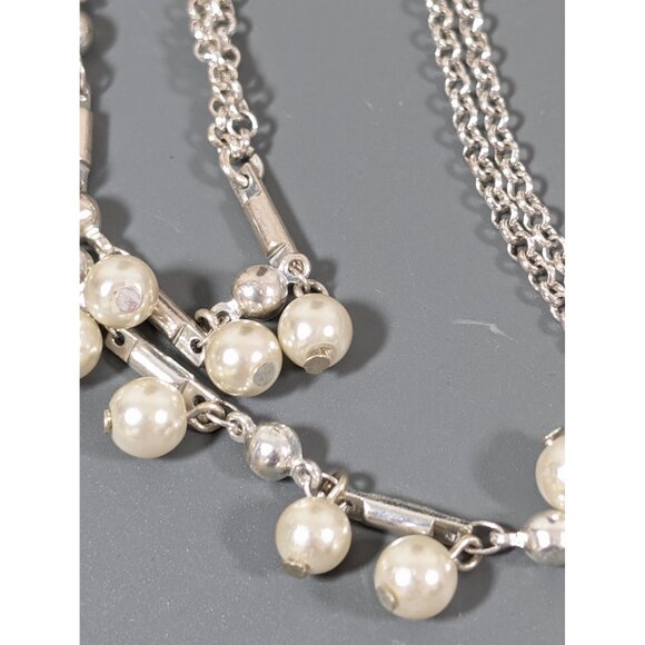 Retro Silver Tone Double Chain Faux Pearl Very Long necklace 64" - Picture 3 of 7